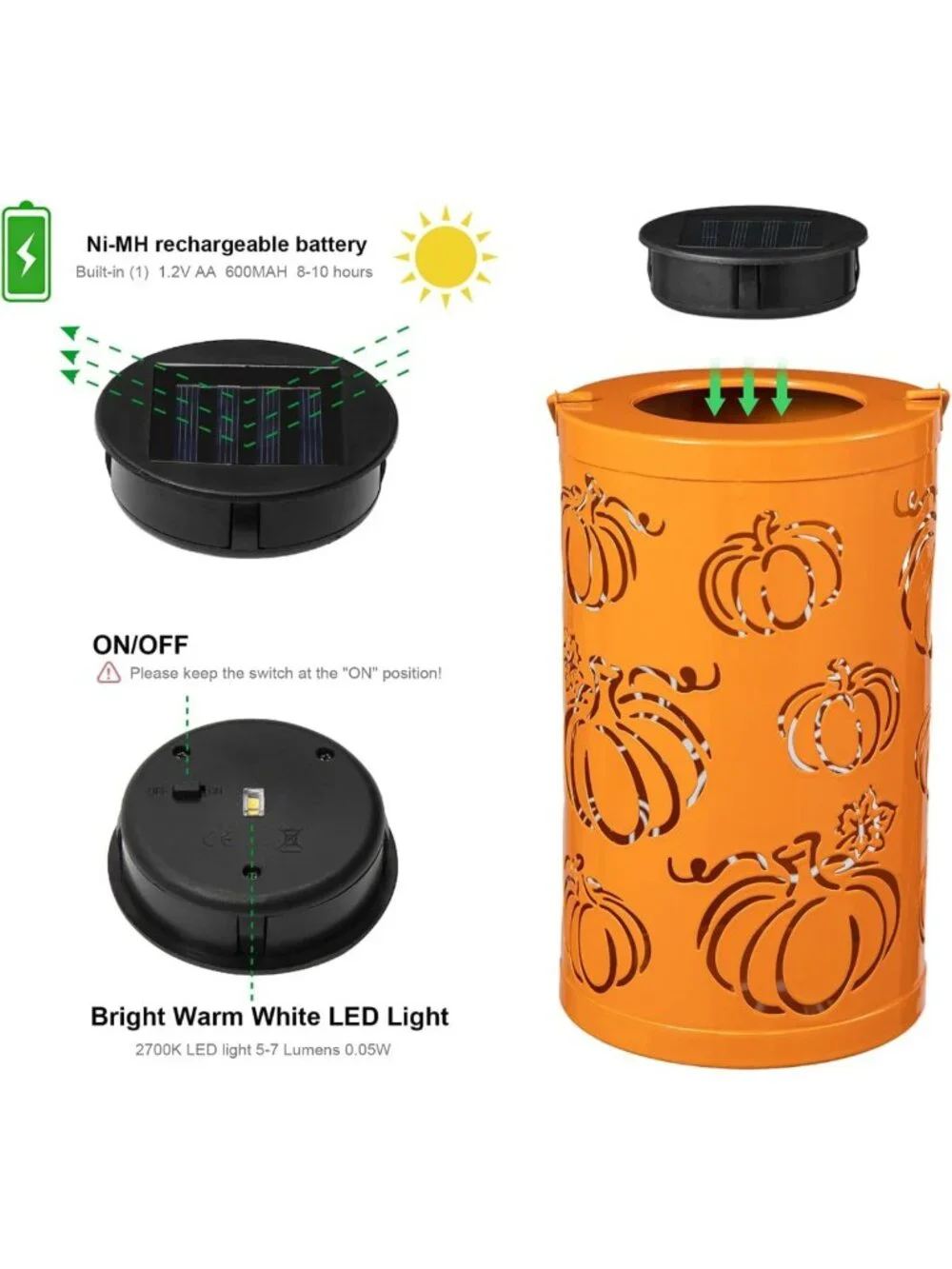 Set of 2 Fall Metal Pumpkin Lanterns - Solar Powered LED Decor for Halloween